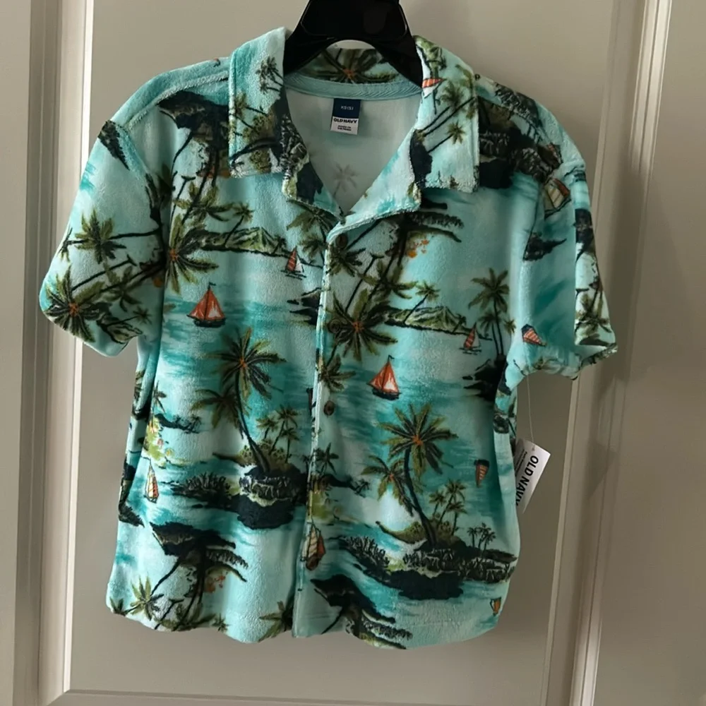 OLD NAVY Boys Tropical Island Button Down Shirt Cotton Blend XS (5) NWT